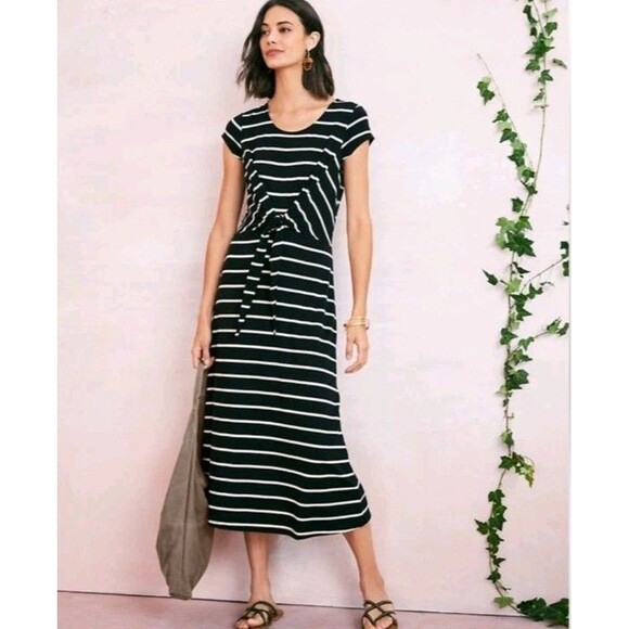 Garnet Hill Tencel Cotton Cap Sleeve Midi Dress Striped Black Size M - Picture 1 of 9